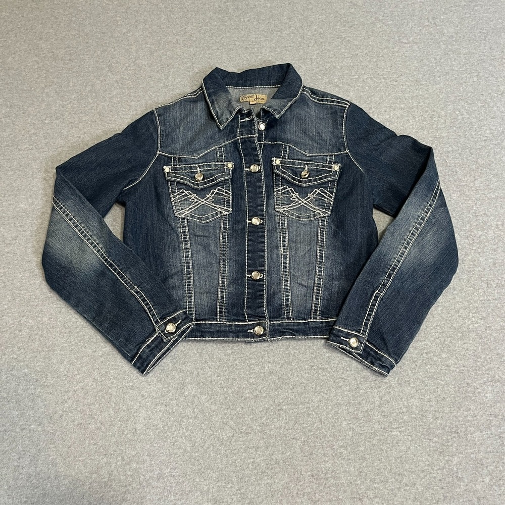 Earl Jacket Womens Medium Blue Trucker Distressed Long Sleeve Thick Stitch Denim